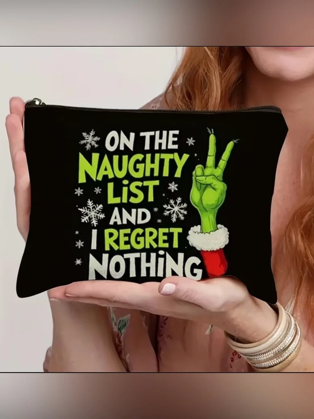 Funny Christmas Cosmetic Bag Naughty List I Regret Nothing Grinch Inspired
